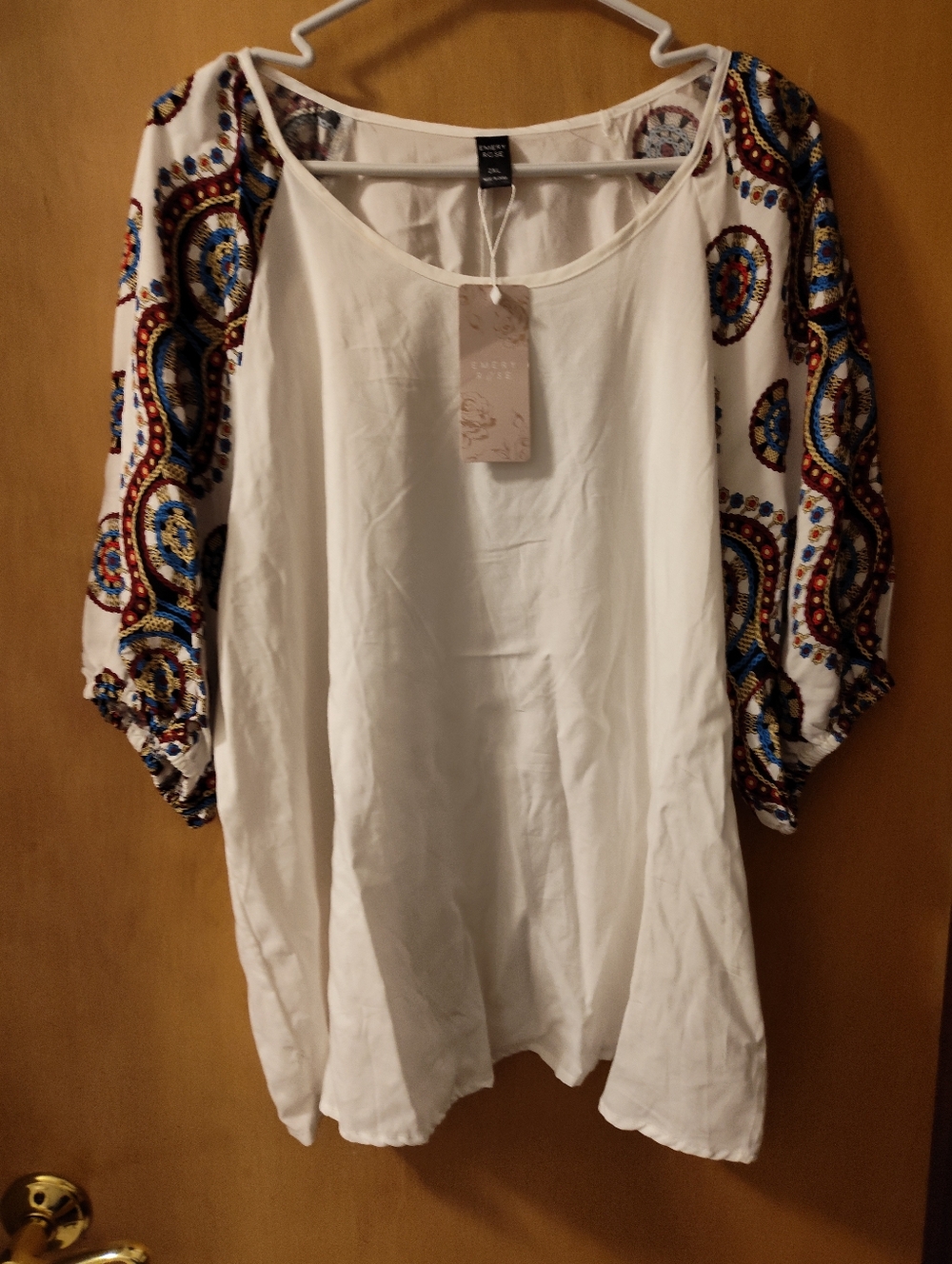 Emery Rose White Peasant Top with Embroidered Multi-Color Sleeves